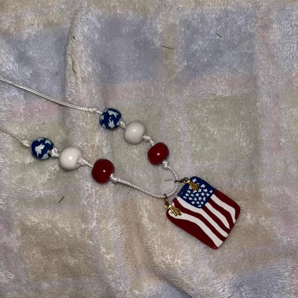 Patriotic Beaded Necklace with Flag Pendant